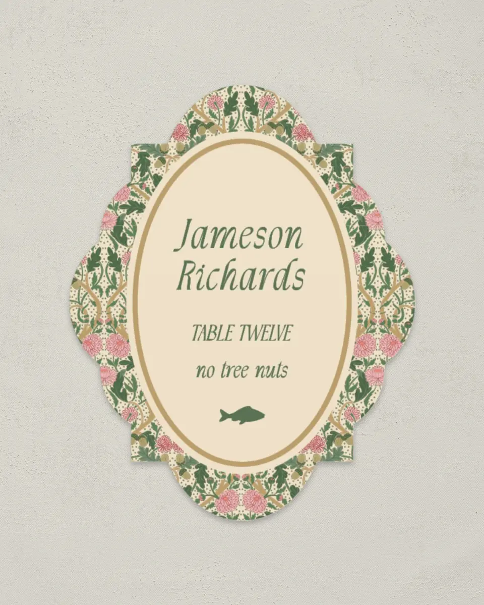 This is a 2.75" x 3.5" Wedding Place Card called Regal Garden printed in full color on Premium Smooth paper