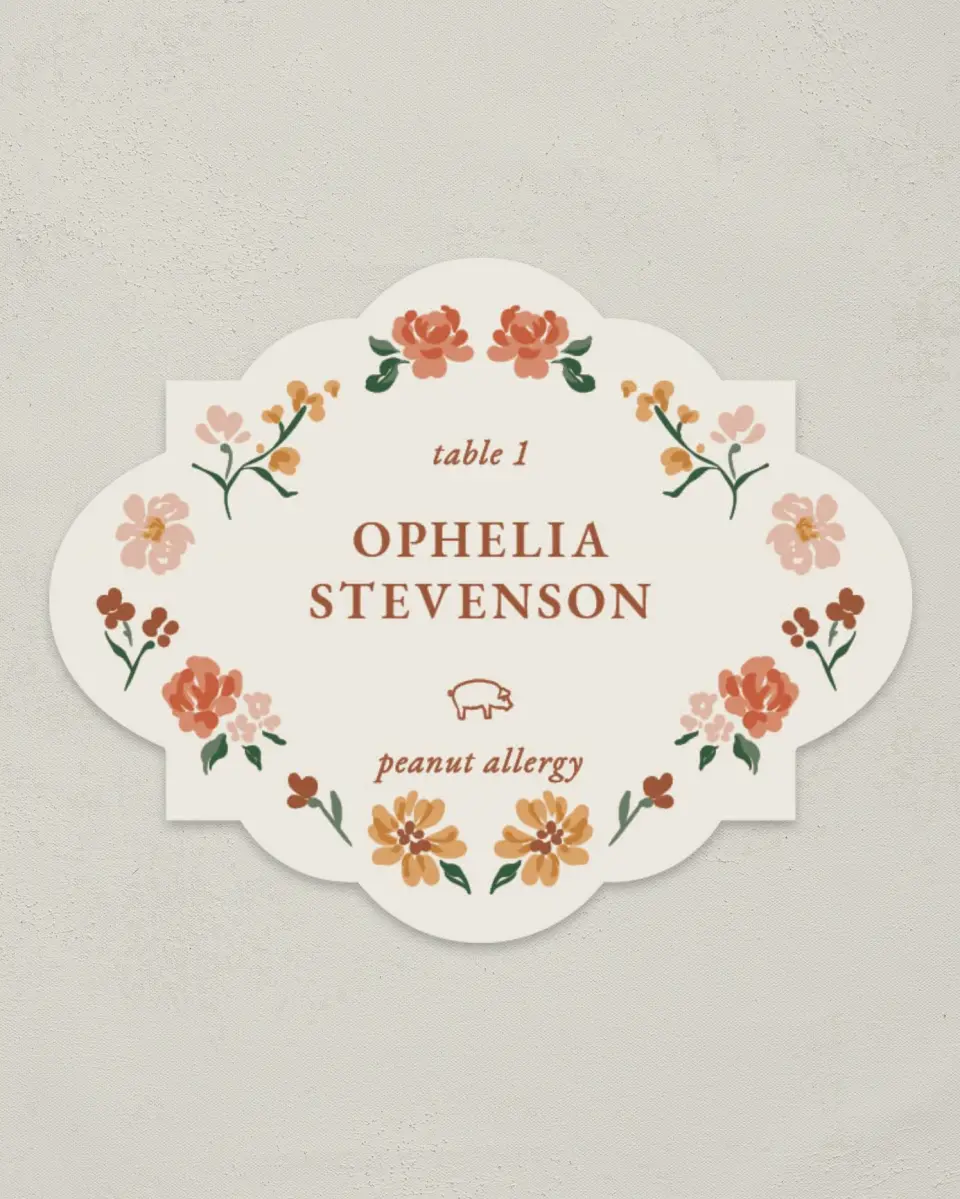 This is a 2.75" x 3.5" Wedding Place Card called Plush Petals printed in full color on Premium Smooth paper