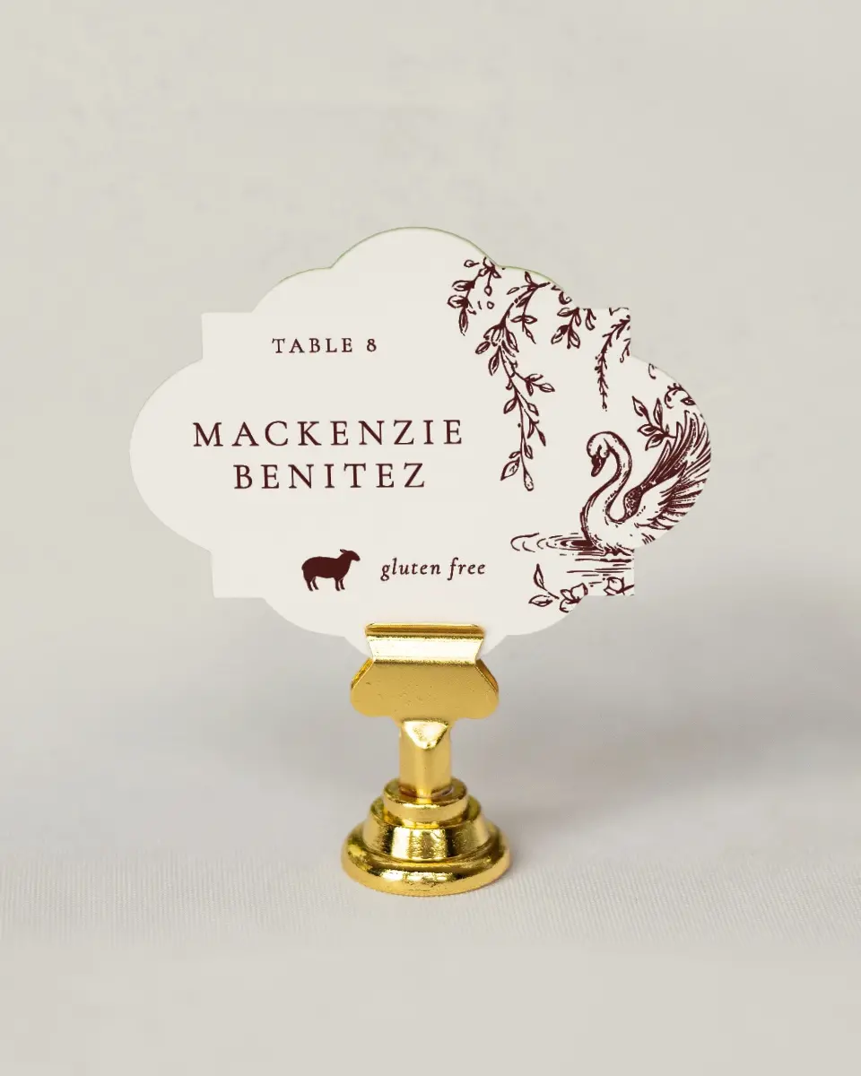 This is a 2.75" x 3.5" Wedding Place Card called Swan Song printed in full color on Premium Smooth paper
