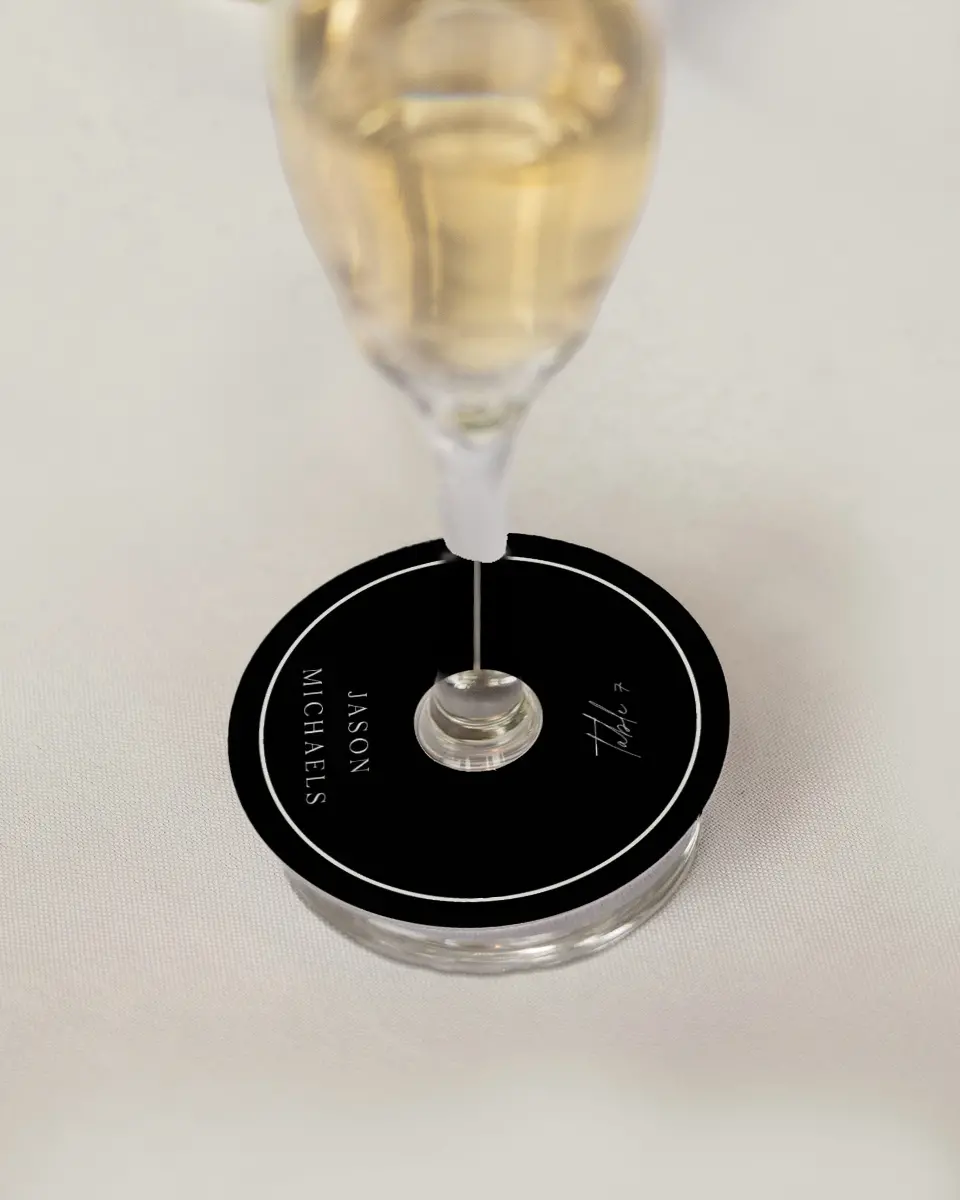 This is a 3" Circle Wedding Place Card called Devoted Delight printed in full color on Premium Smooth paper