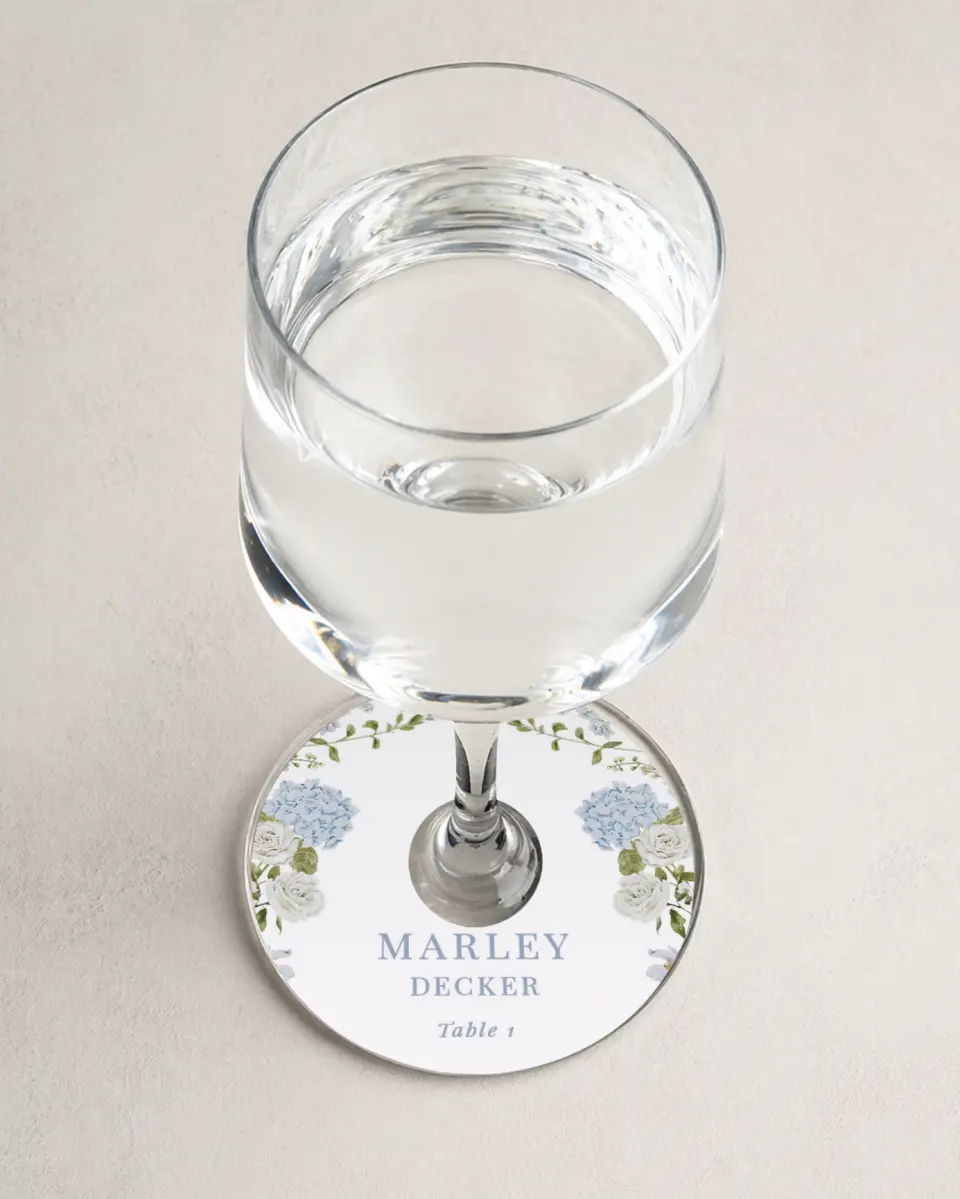 This is a 3" Circle Wedding Place Card called Blue Blossoms printed in full color on Premium Smooth paper