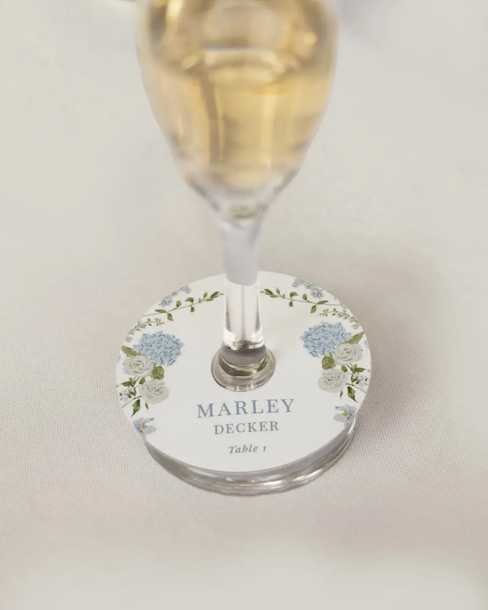 This is a 3" Circle Wedding Place Card called Blue Blossoms printed in full color on Premium Smooth paper