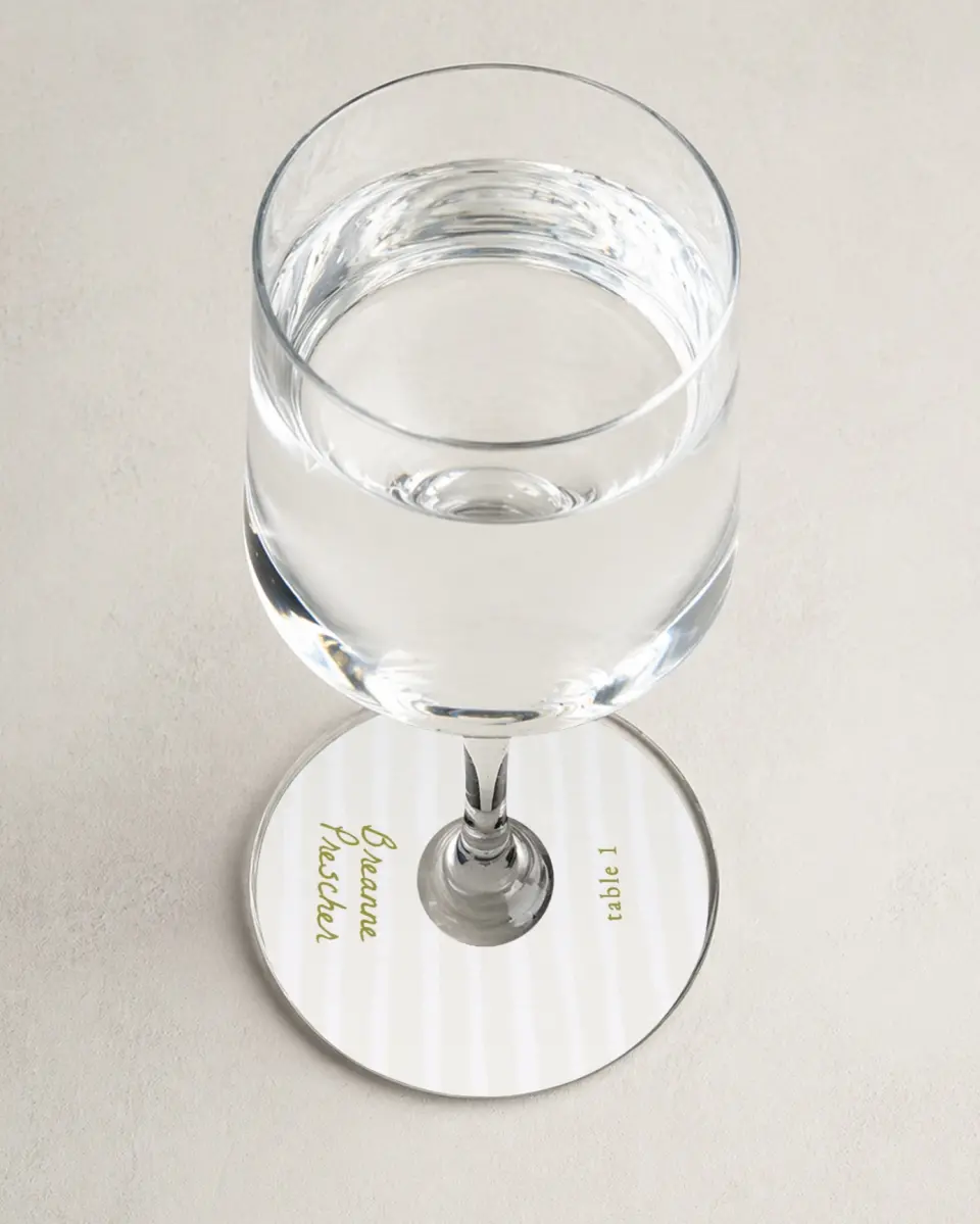 This is a 3" Circle Wedding Place Card called Positano Daydream printed in full color on Premium Smooth paper