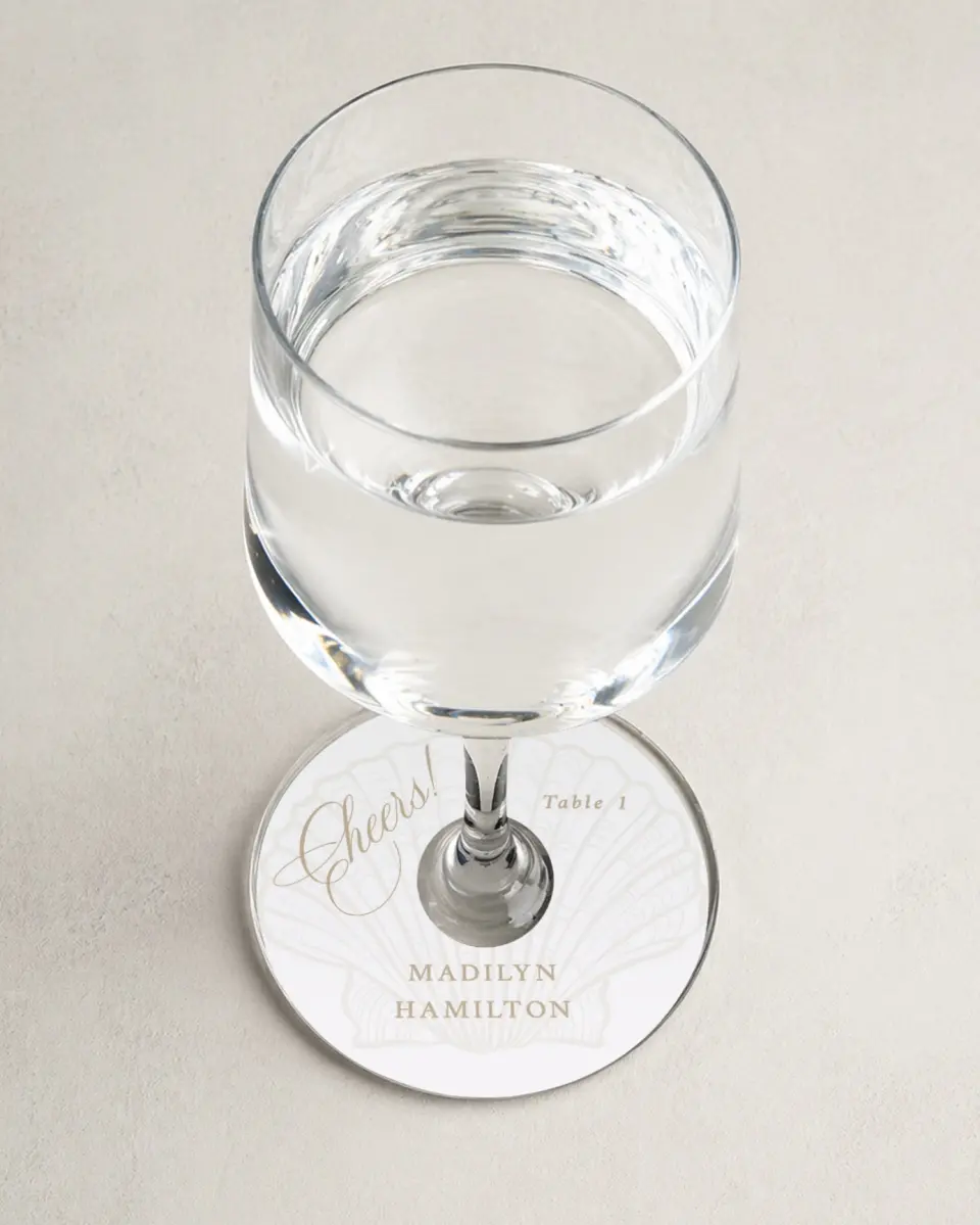 This is a 3" Circle Wedding Place Card called Elegant Shell printed in full color on Premium Smooth paper