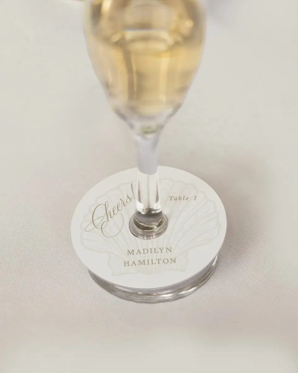 This is a 3" Circle Wedding Place Card called Elegant Shell printed in full color on Premium Smooth paper