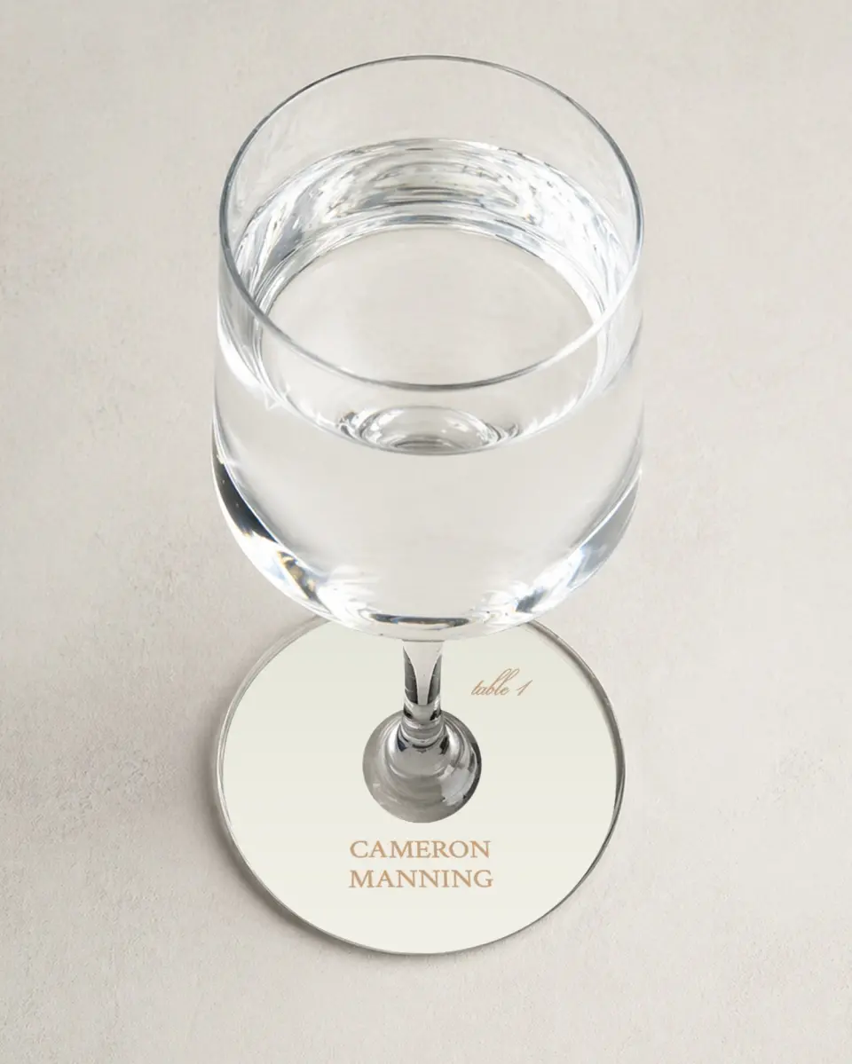 This is a 3" Circle Wedding Place Card called Beaded Veil printed in full color on Premium Smooth paper