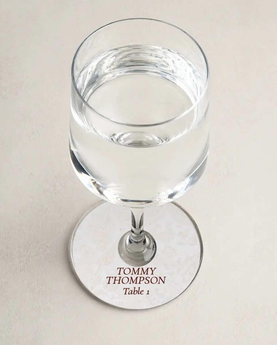 This is a 3" Circle Wedding Place Card called Trimmed Lace printed in full color on Premium Smooth paper