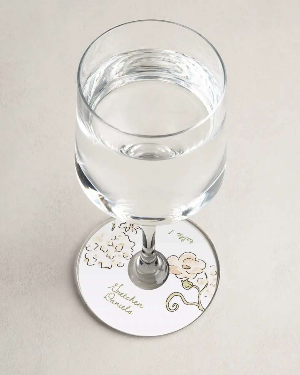 This is a 3" Circle Wedding Place Card called Soft Garden Vows printed in full color on Premium Smooth paper