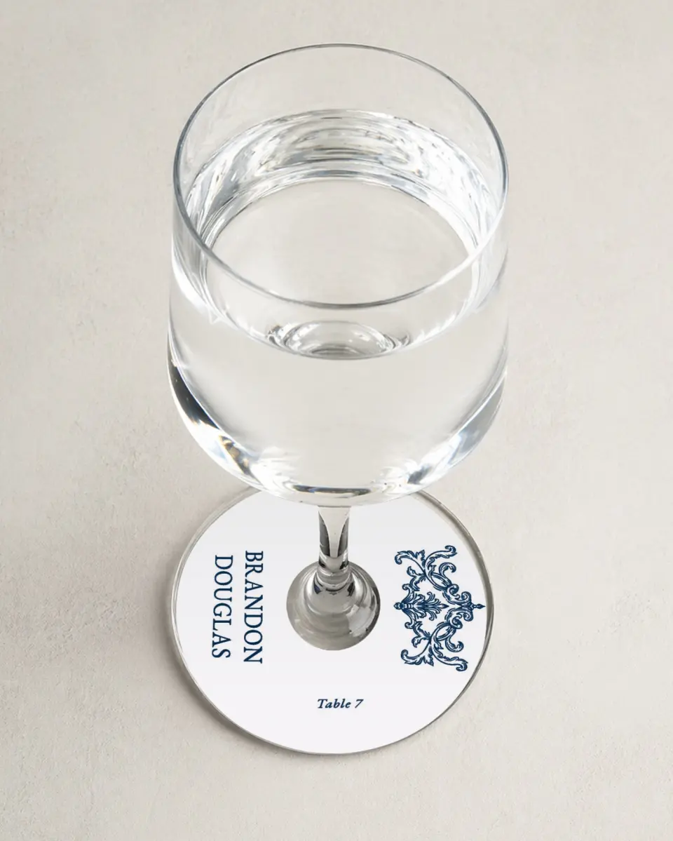 This is a 3" Circle Wedding Place Card called Heirloom Crest printed in full color on Premium Smooth paper