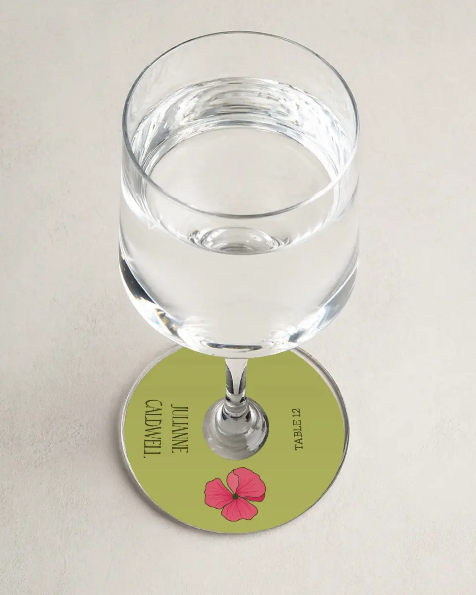 This is a 3" Circle Wedding Place Card called Nouveau Romance printed in full color on Premium Smooth paper