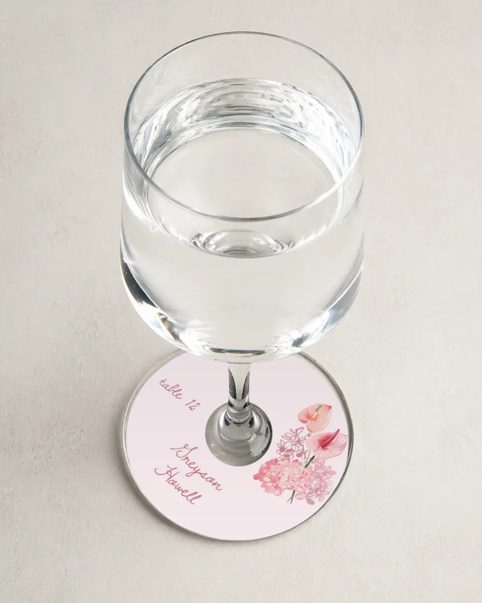 This is a 3" Circle Wedding Place Card called Blushing Whimsy printed in full color on Premium Smooth paper