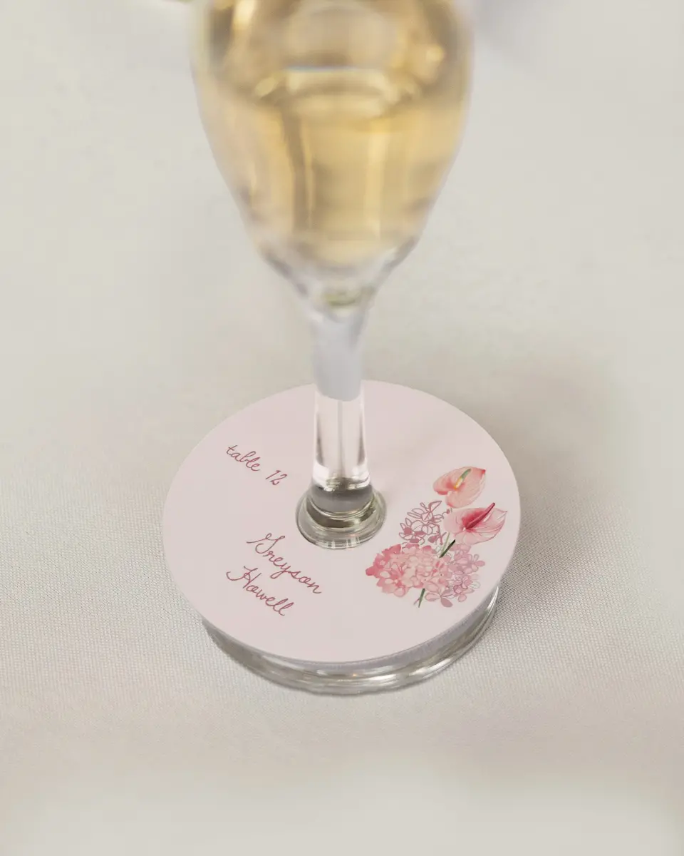 This is a 3" Circle Wedding Place Card called Blushing Whimsy printed in full color on Premium Smooth paper