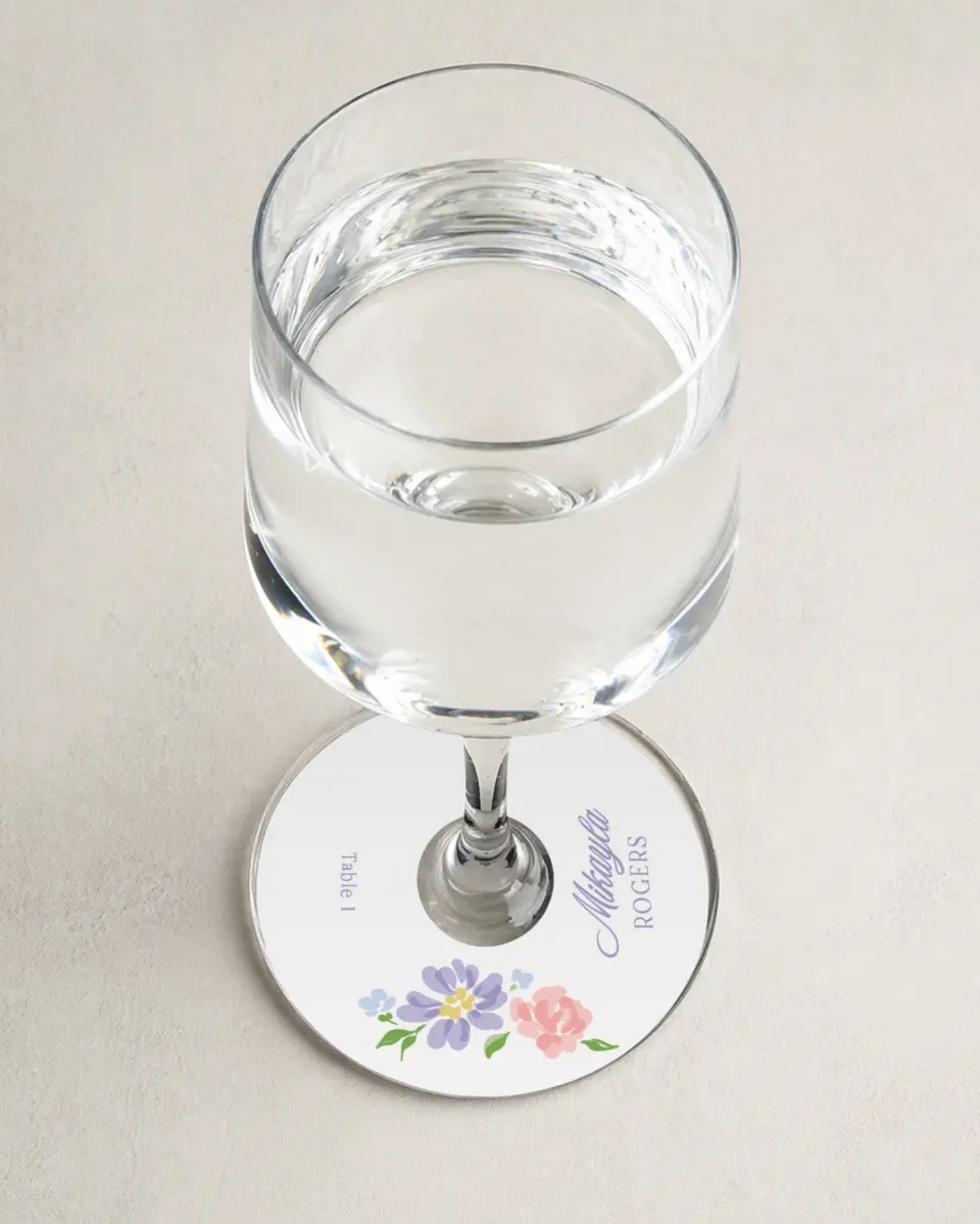 This is a 3" Circle Wedding Place Card called Gentle Garden printed in full color on Premium Smooth paper