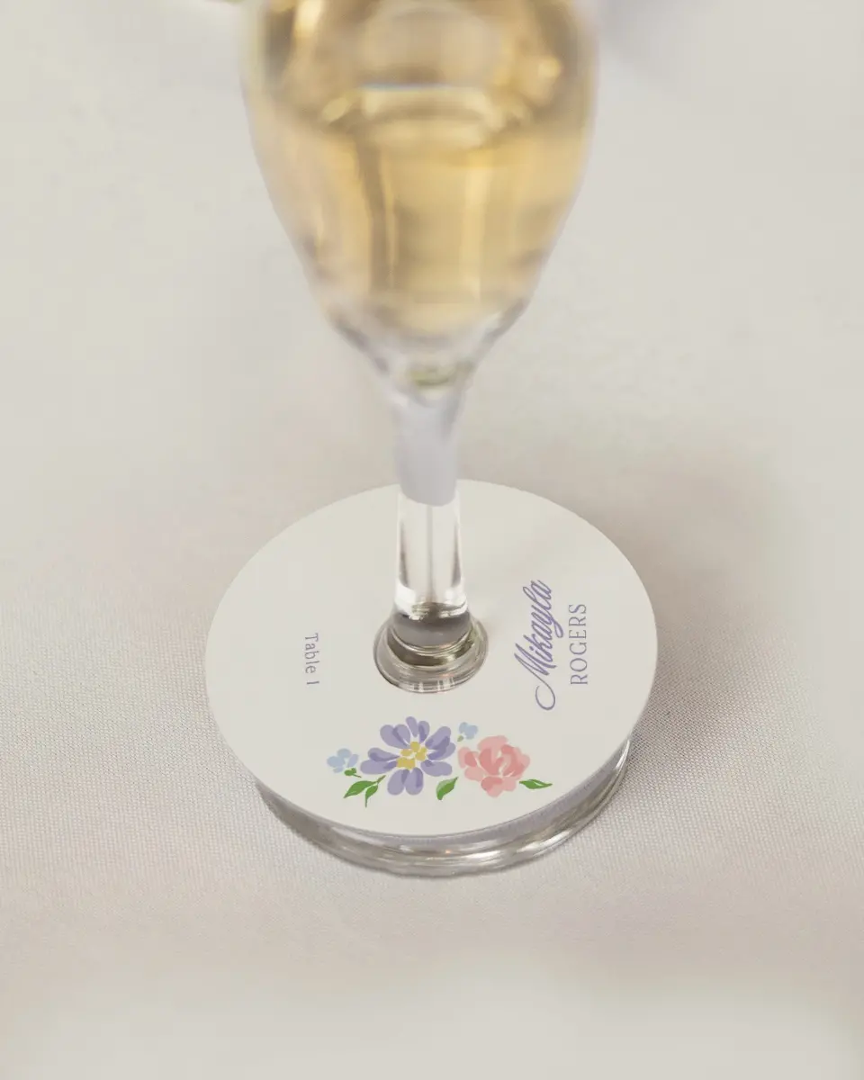 This is a 3" Circle Wedding Place Card called Gentle Garden printed in full color on Premium Smooth paper