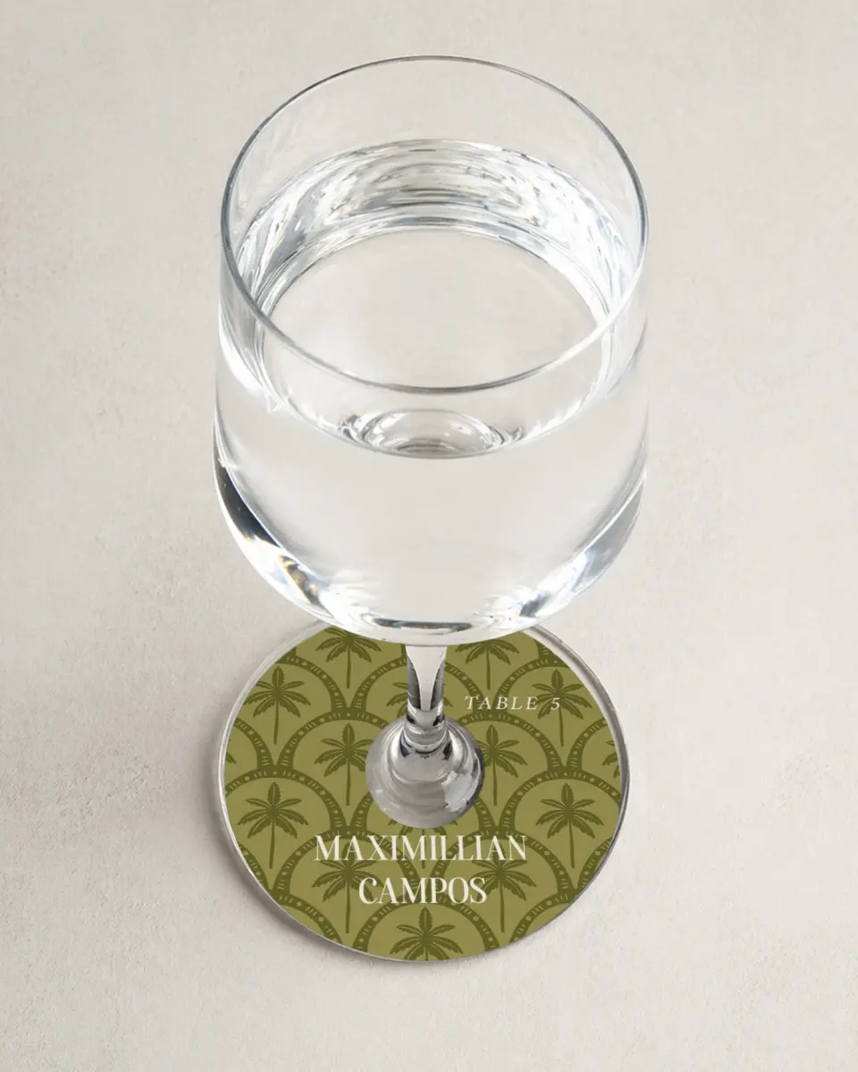 This is a 3" Circle Wedding Place Card called Tropical Treasure printed in full color on Premium Smooth paper