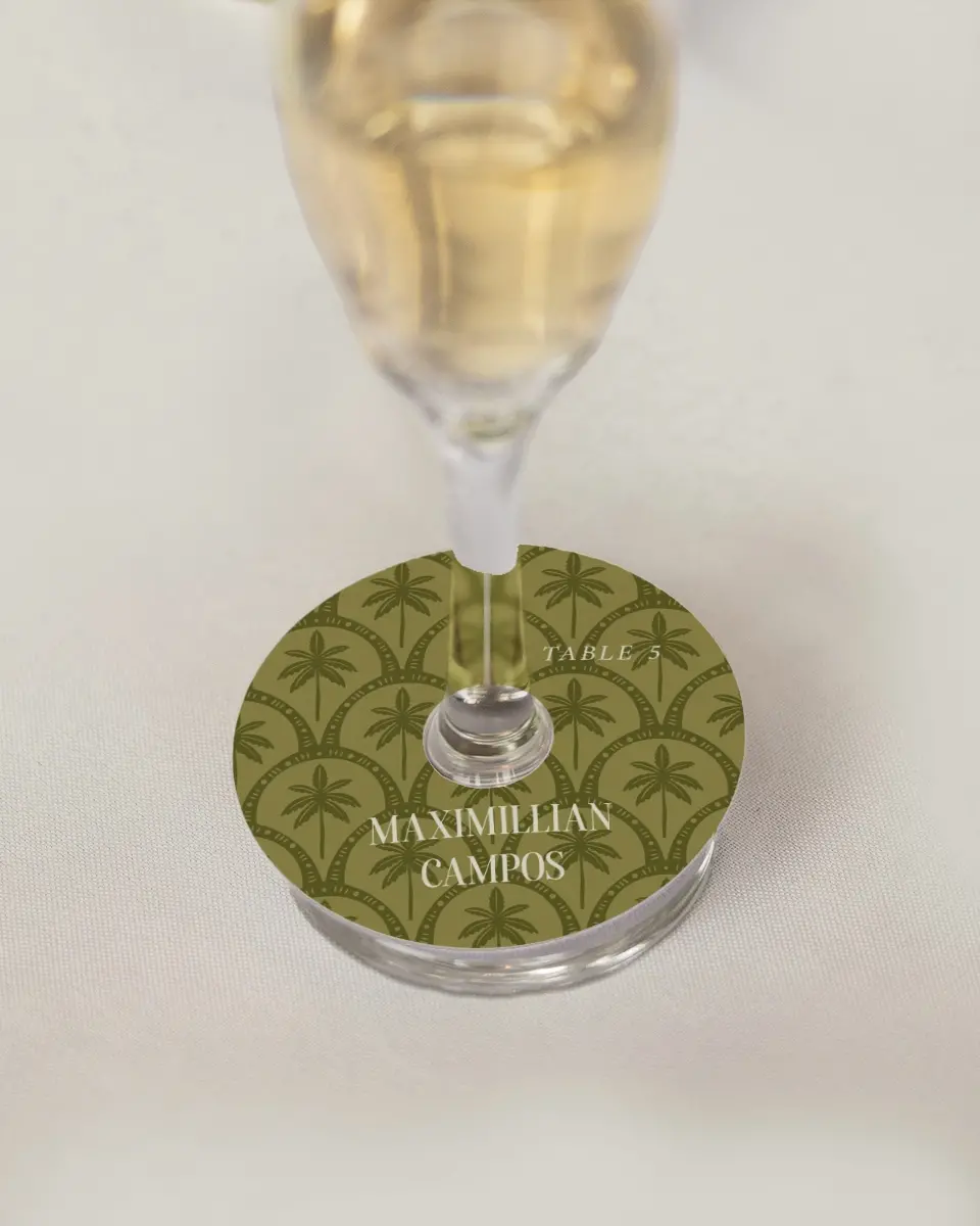 This is a 3" Circle Wedding Place Card called Tropical Treasure printed in full color on Premium Smooth paper
