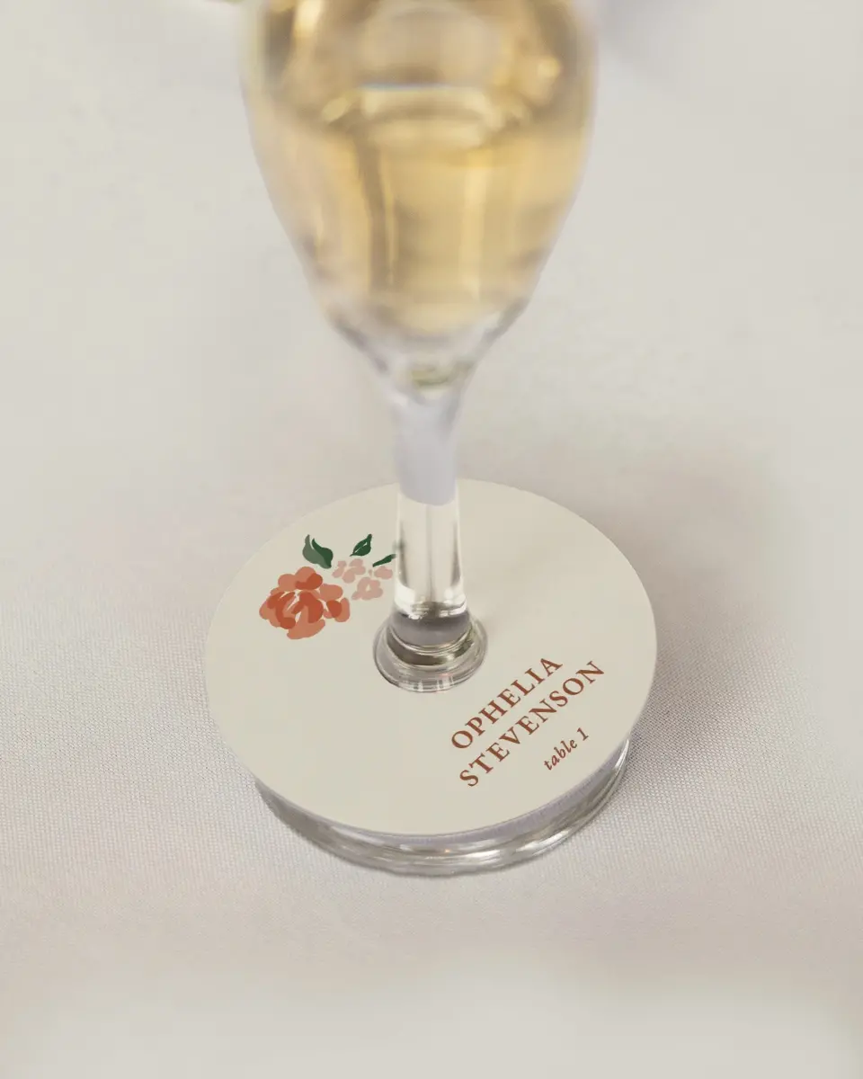This is a 3" Circle Wedding Place Card called Plush Petals printed in full color on Premium Smooth paper