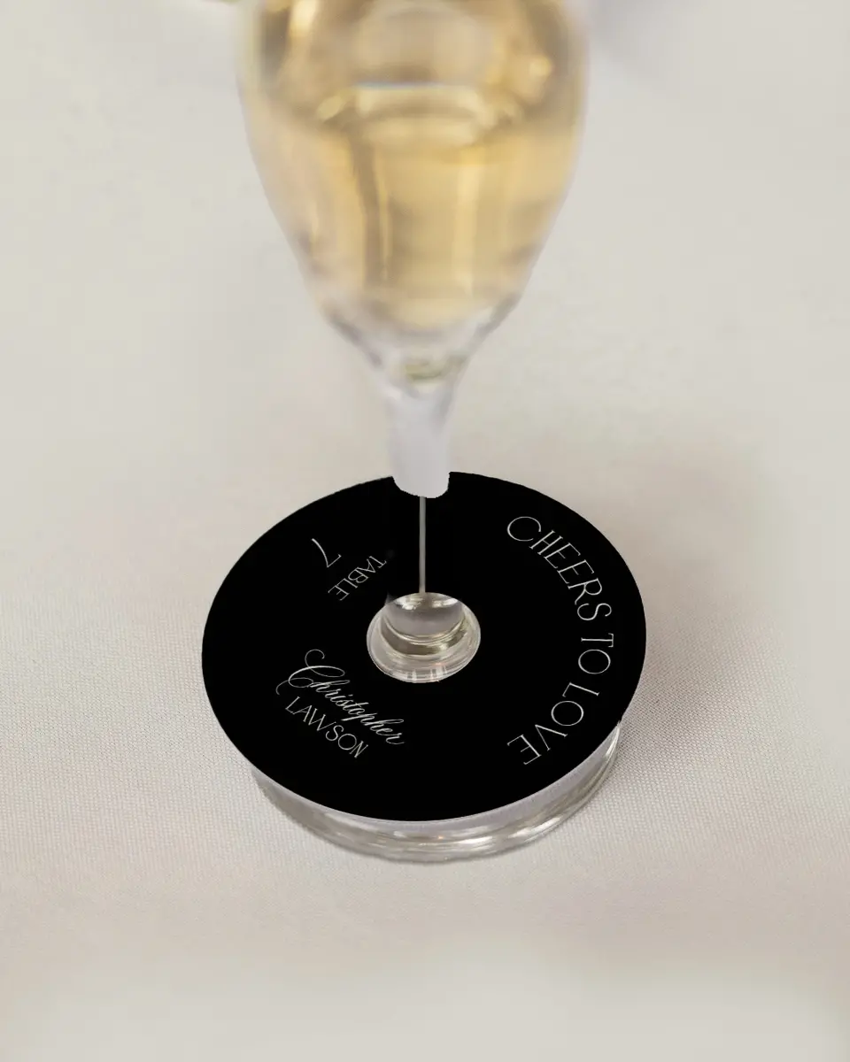 This is a 3" Circle Wedding Place Card called Cheers to Love printed in full color on Premium Smooth paper