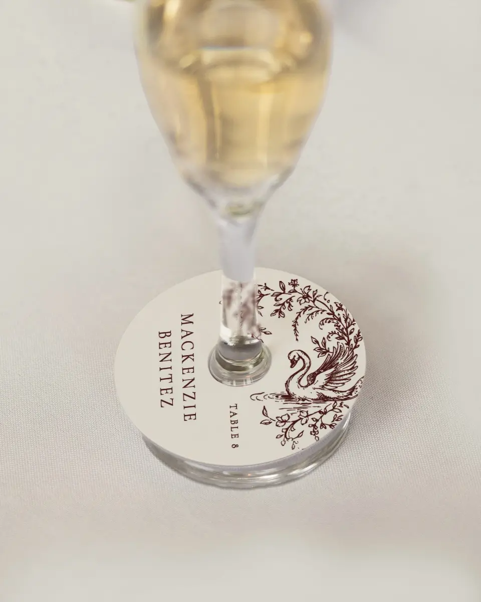 This is a 3" Circle Wedding Place Card called Swan Song printed in full color on Premium Smooth paper