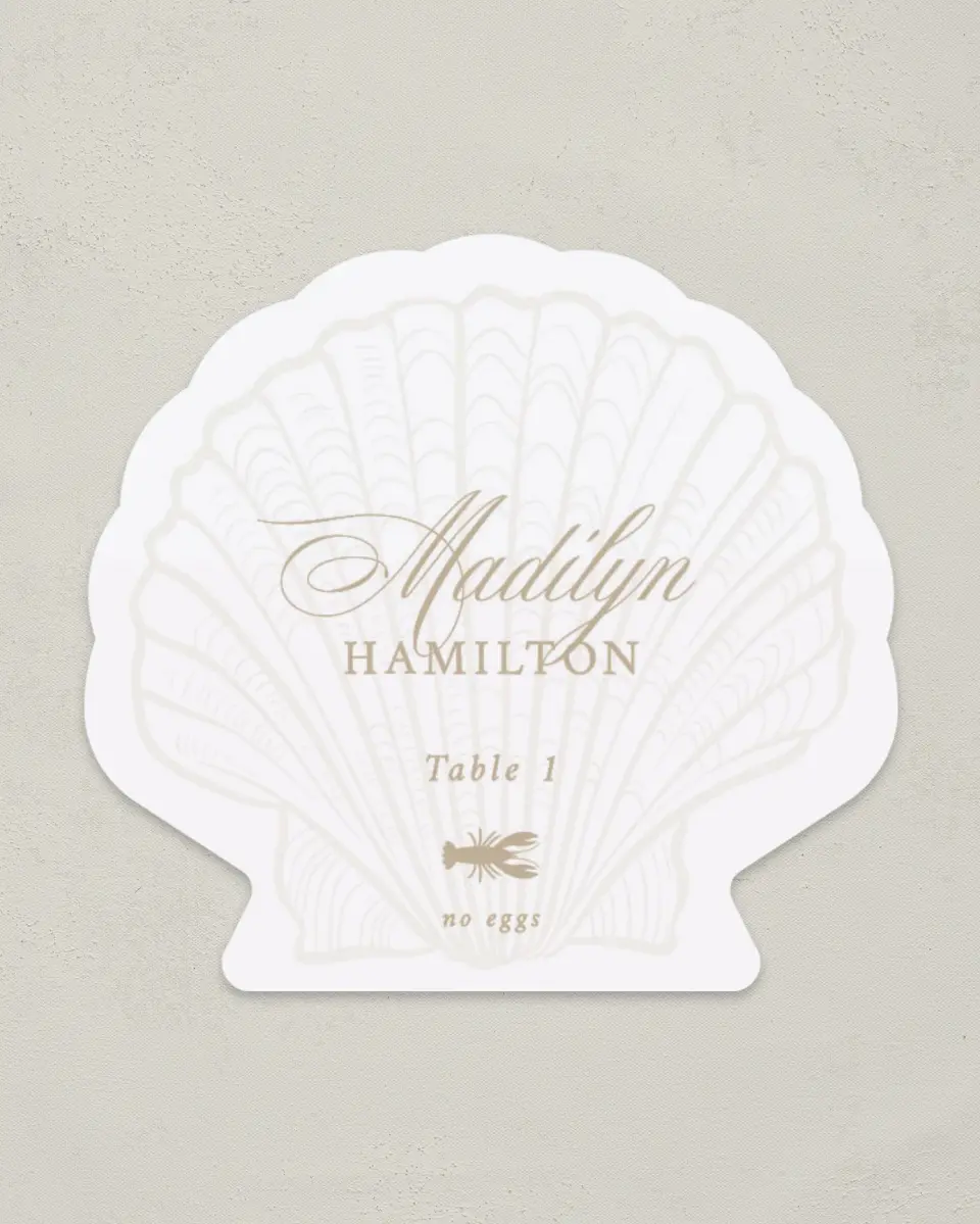 This is a 3" x 3.25" Wedding Place Card called Elegant Shell printed in full color on Premium Smooth paper
