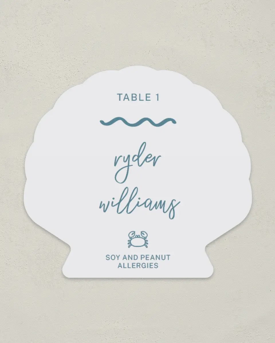 This is a 3" x 3.25" Wedding Place Card called I Hear Wedding Shells printed in full color on Premium Smooth paper
