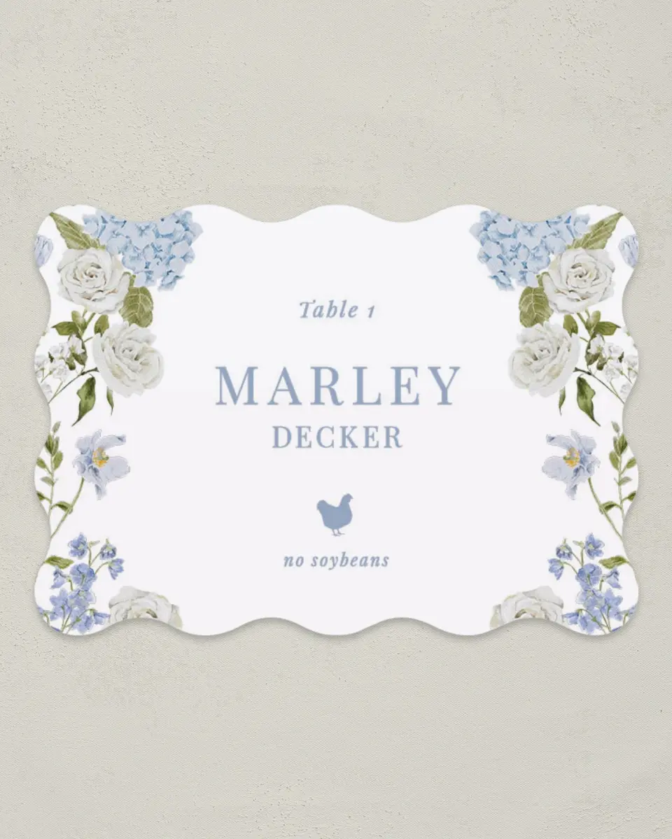 This is a 2.5" x 3.5" Wedding Place Card called Blue Blossoms printed in full color on Premium Smooth paper