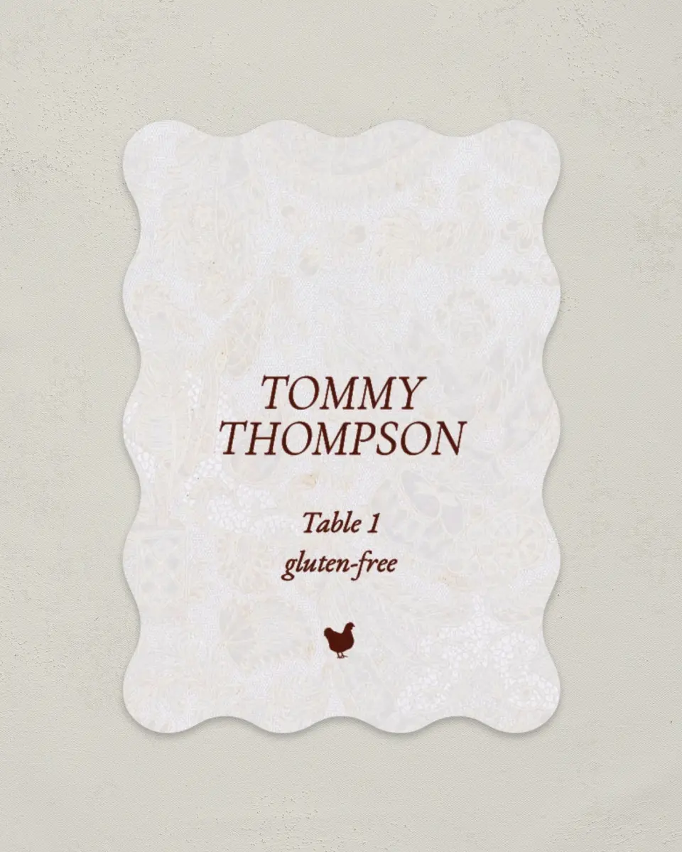 This is a 2.5" x 3.5" Wedding Place Card called Trimmed Lace printed in full color on Premium Smooth paper
