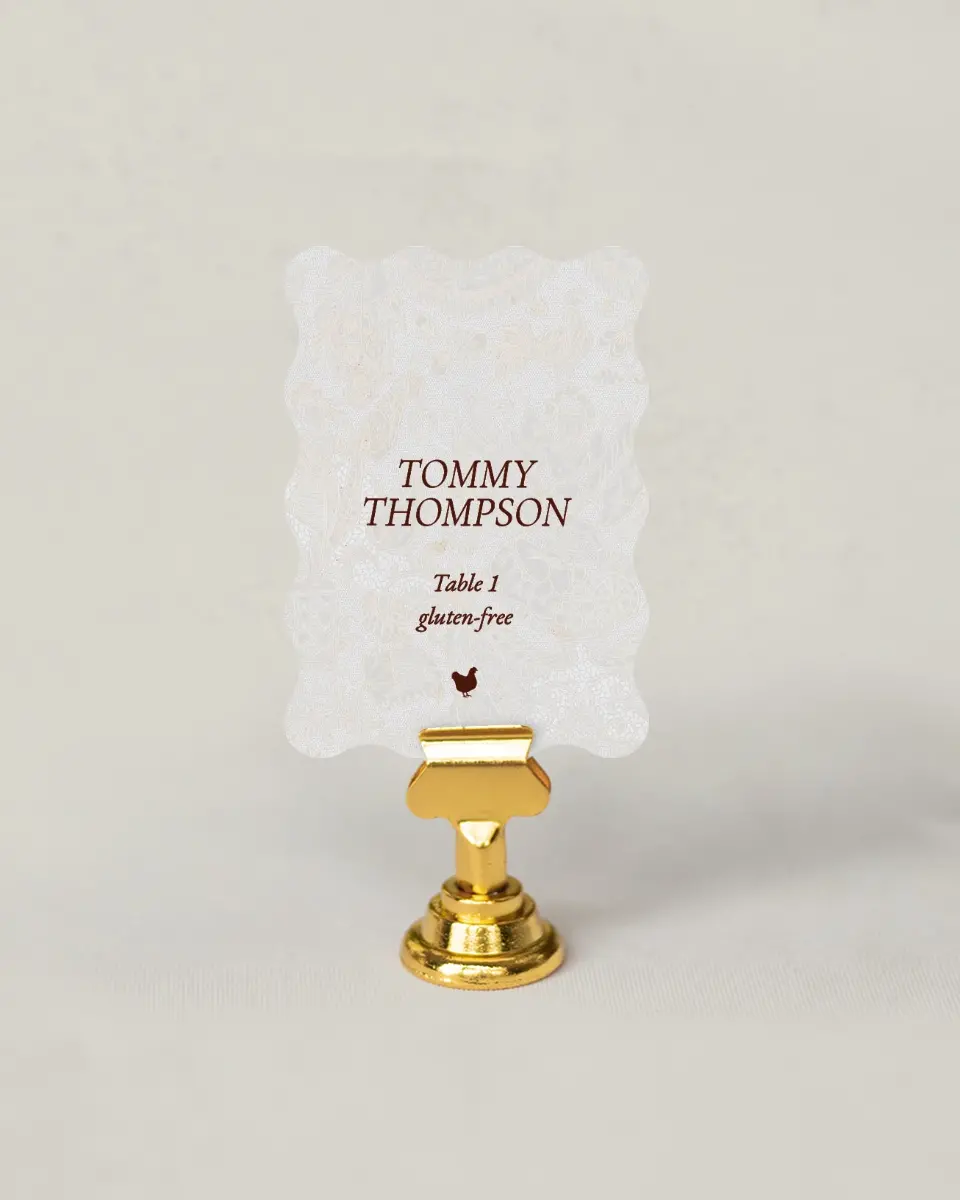 This is a 2.5" x 3.5" Wedding Place Card called Trimmed Lace printed in full color on Premium Smooth paper