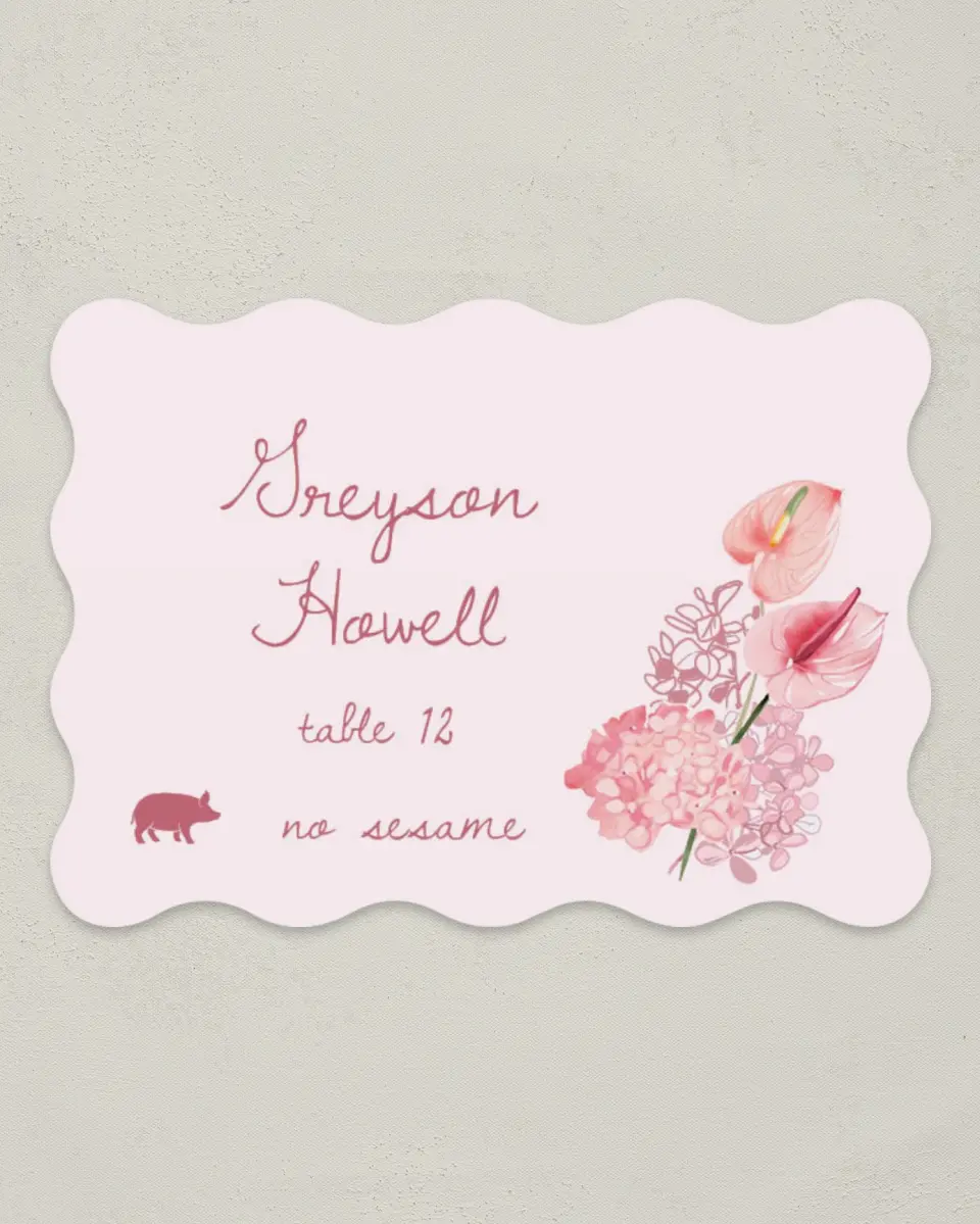 This is a 2.5" x 3.5" Wedding Place Card called Blushing Whimsy printed in full color on Premium Smooth paper