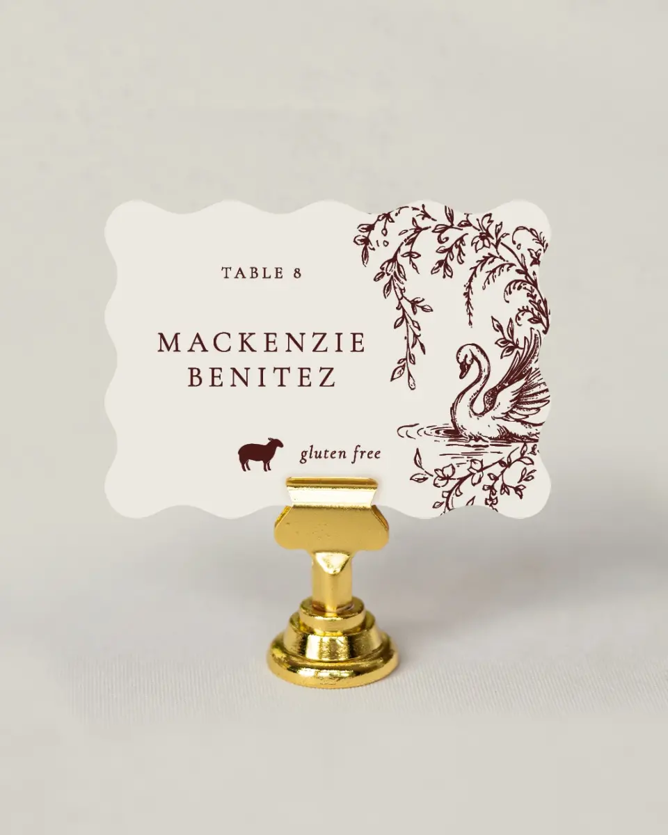 This is a 2.5" x 3.5" Wedding Place Card called Swan Song printed in full color on Premium Smooth paper
