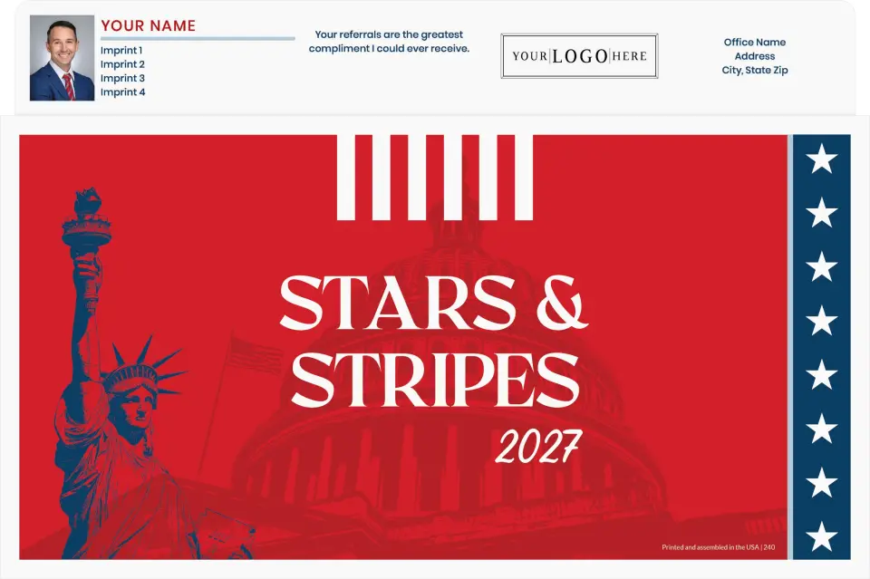 This is a 7½" x 11¼" Magnetic Calendar Pad called Stars & Stripes printed in full color