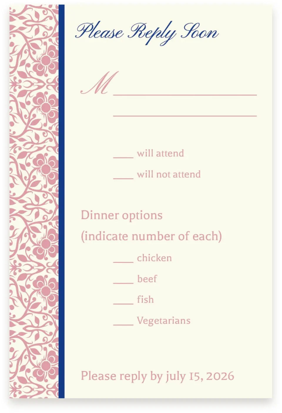 This is a  4" x 6" RSVP Postcards (Pocket Invitation) called Floral Ornament printed in full color on Premium Smooth paper