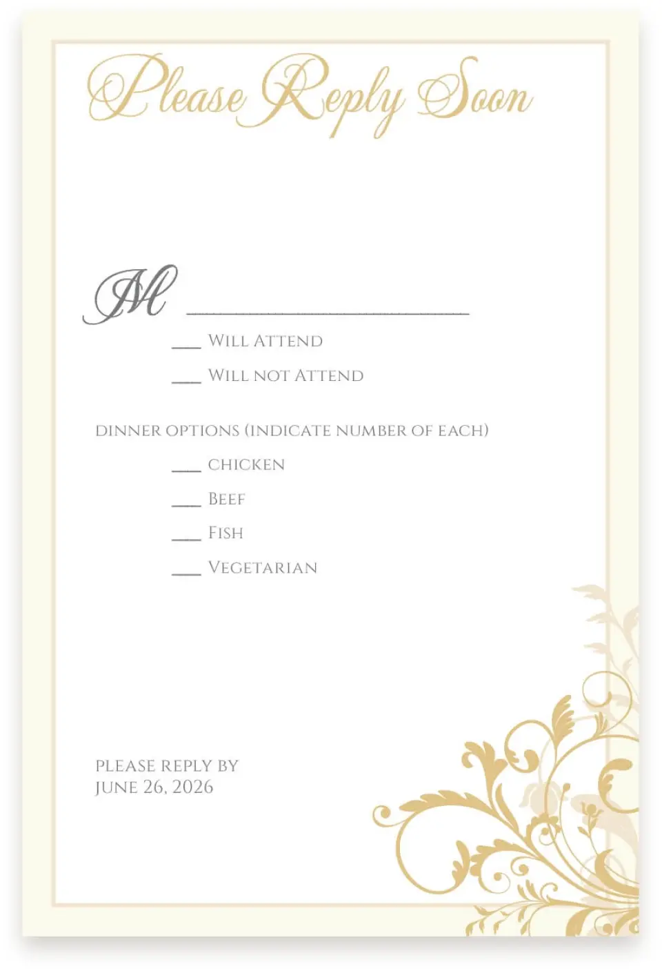 This is a  4" x 6" RSVP Postcards (Pocket Invitation) called Classic Allure printed in full color with Silver foil on Luxe Satin (coated) paper