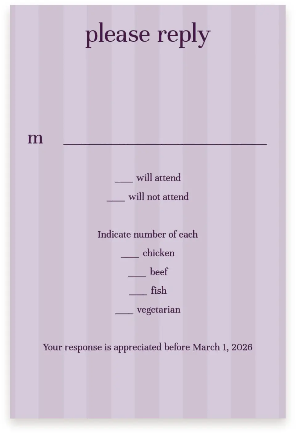 This is a  4" x 6" RSVP Postcards (Pocket Invitation) called Lovely Lavender printed in full color on Premium Smooth paper