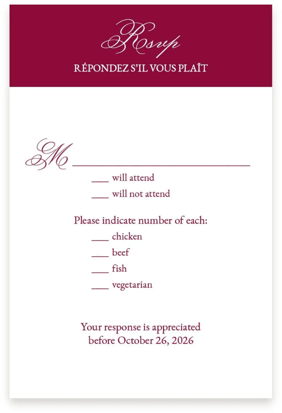 This is a  4" x 6" RSVP Postcards (Pocket Invitation) called Forever Yours printed in full color on Premium Smooth paper