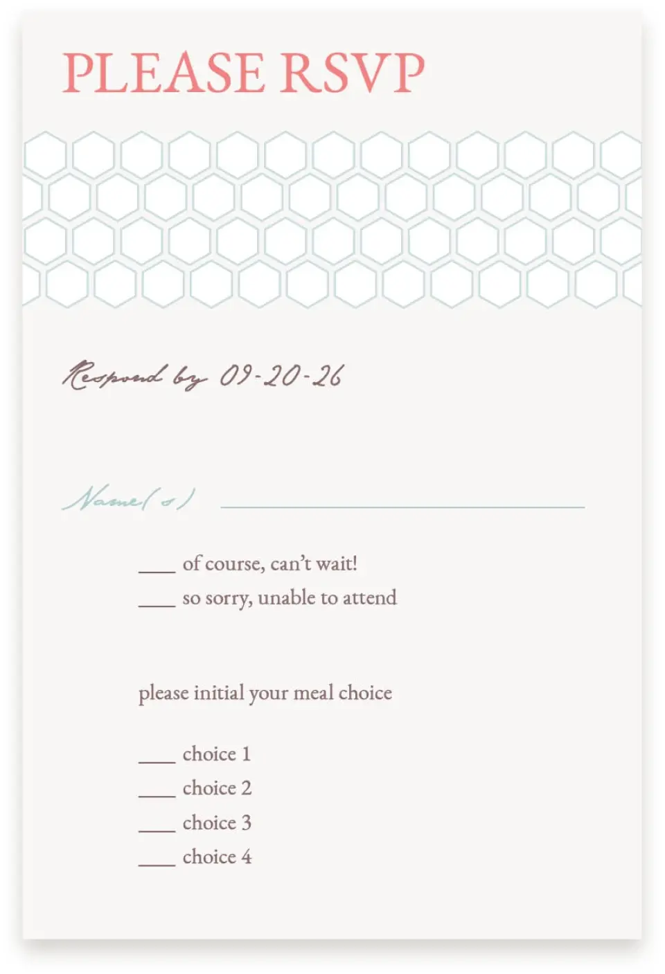 This is a  4" x 6" RSVP Postcards (Pocket Invitation) called Honey Blossoms printed in full color on Premium Smooth paper