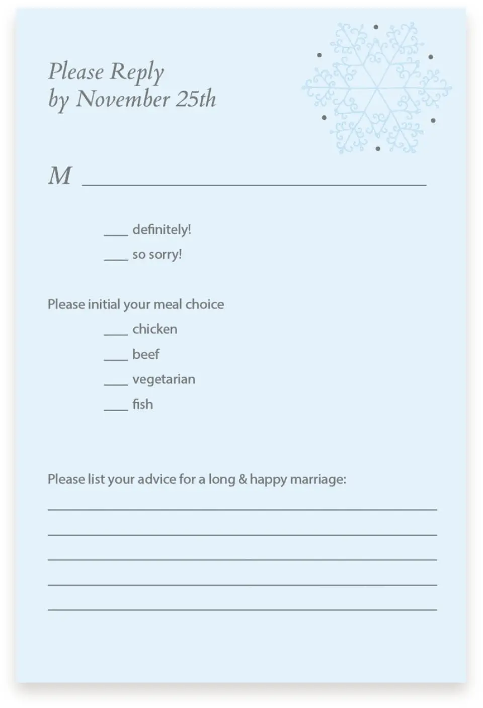 This is a  4" x 6" RSVP Postcards (Pocket Invitation) called Seasonal Snowflake printed in full color on Premium Smooth paper