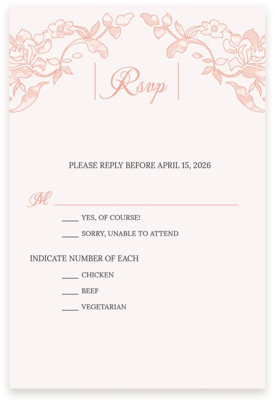 This is a  4" x 6" RSVP Postcards (Pocket Invitation) called Vintage Applique printed in full color on Premium Smooth paper