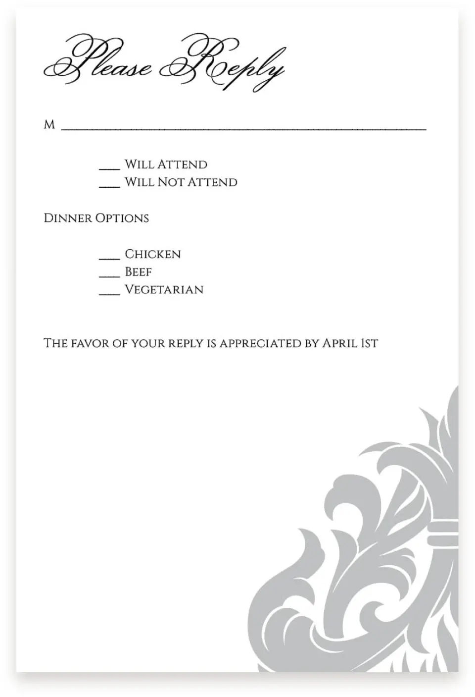 This is a  4" x 6" RSVP Postcards (Pocket Invitation) called Damask Elegance printed in full color on Premium Smooth paper
