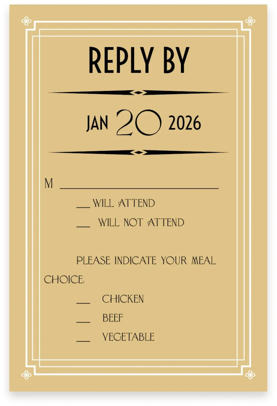 This is a  4" x 6" RSVP Postcards (Pocket Invitation) called Deco Glam printed in full color on Premium Smooth paper
