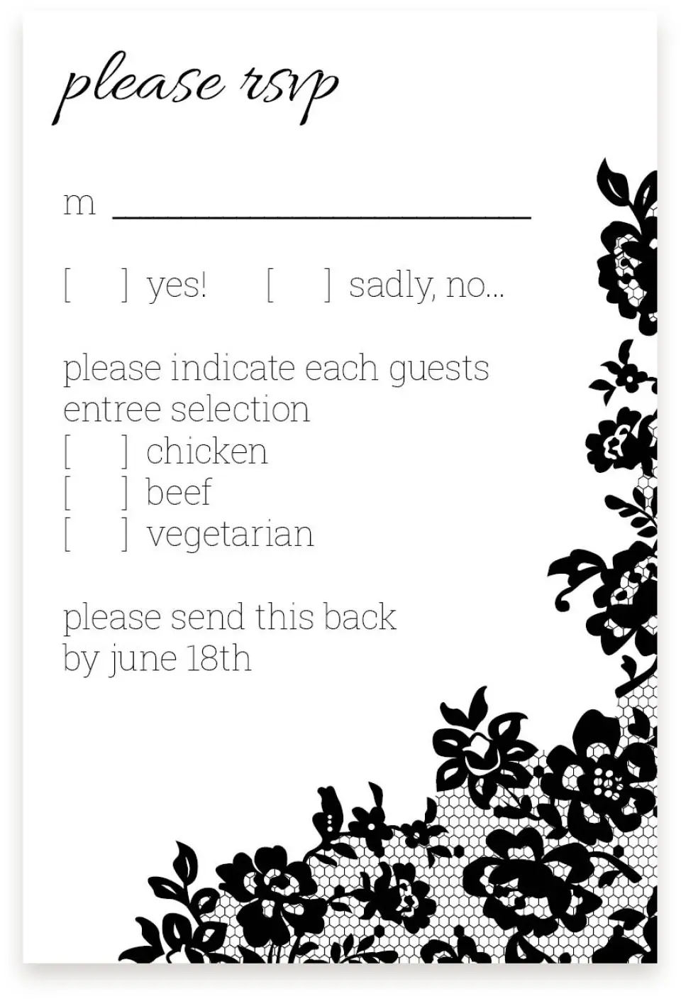 This is a  4" x 6" RSVP Postcards (Pocket Invitation) called Floral Lace printed in full color on Premium Smooth paper