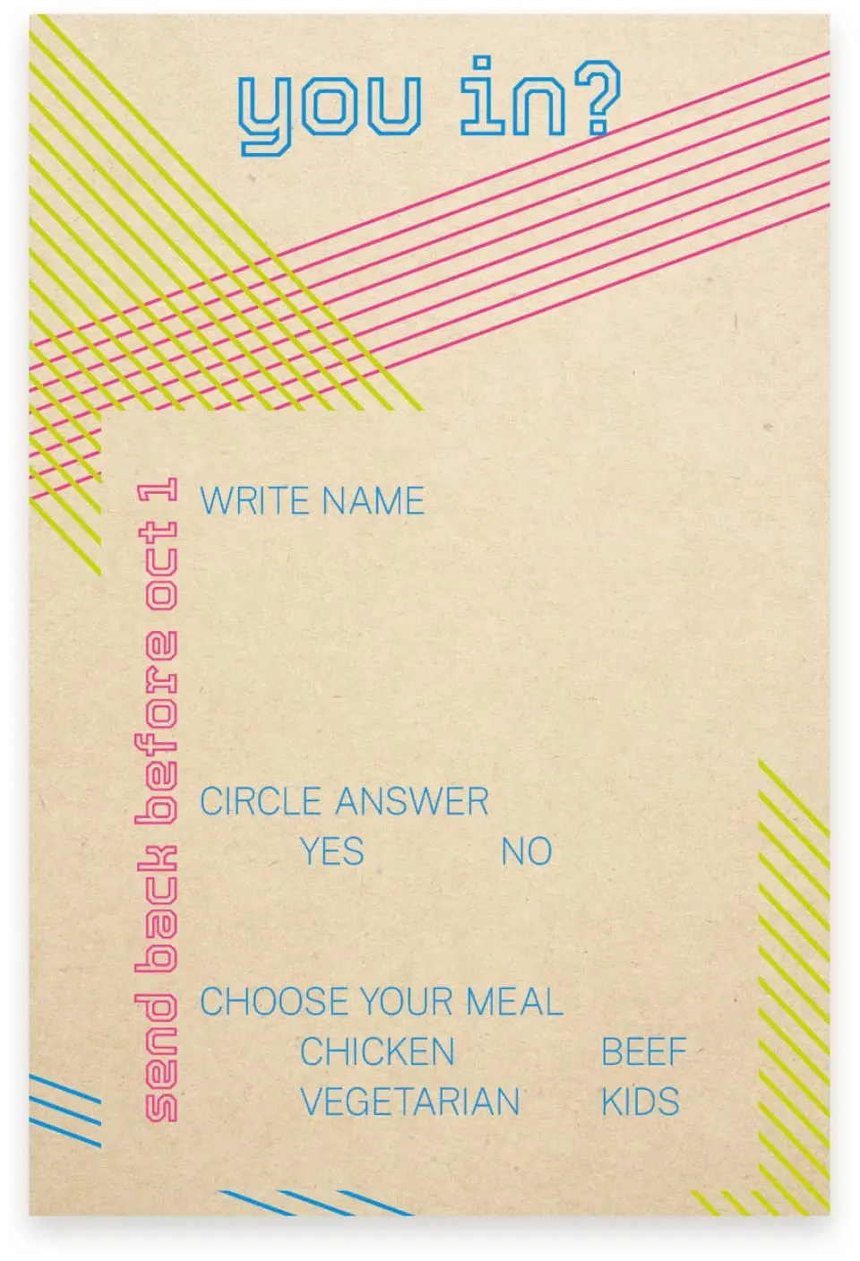 This is a  4" x 6" RSVP Postcards (Pocket Invitation) called Flirty Neon printed in full color on Premium Smooth paper