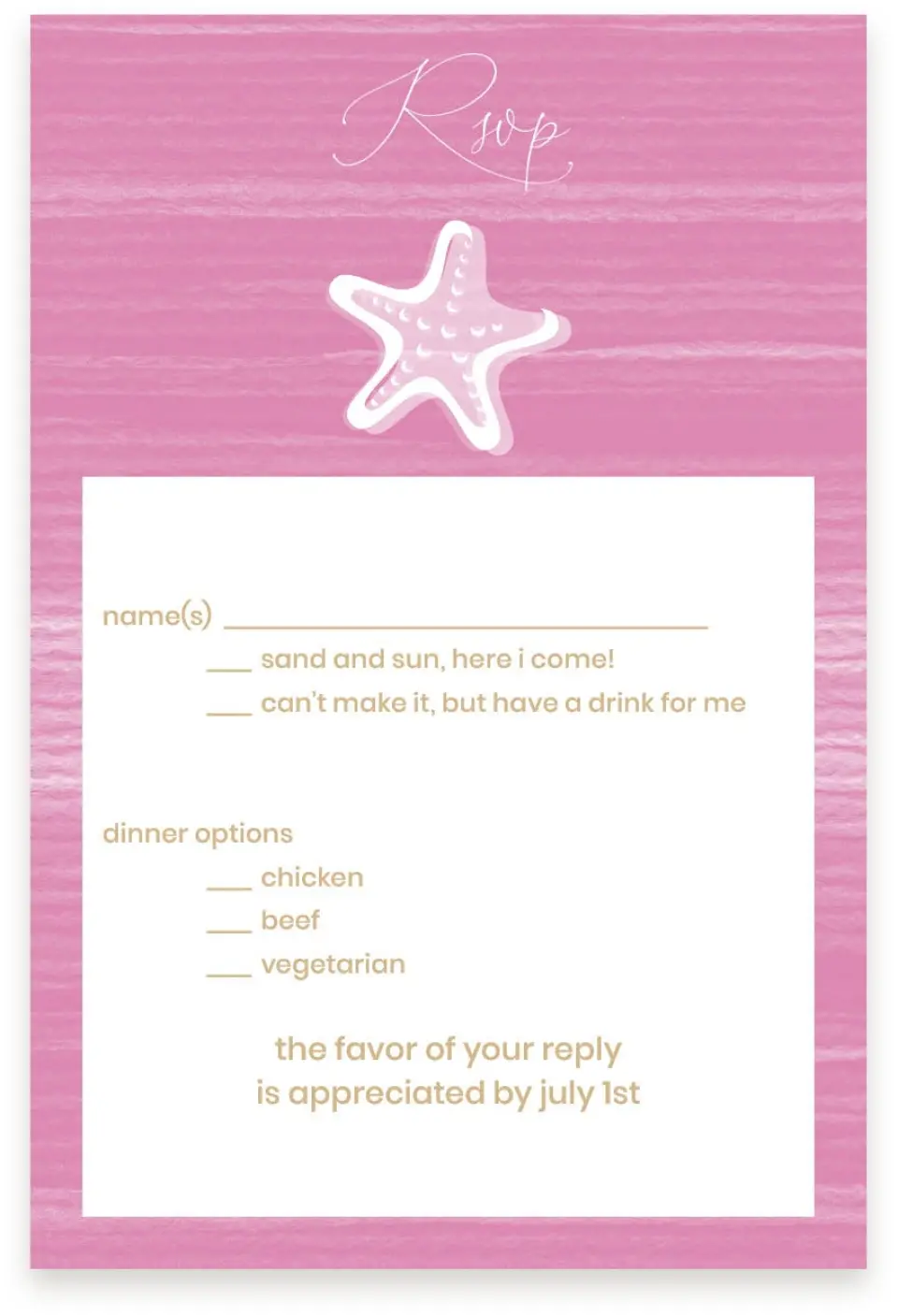 This is a  4" x 6" RSVP Postcards (Pocket Invitation) called Salty Kisses printed in full color on Premium Smooth paper