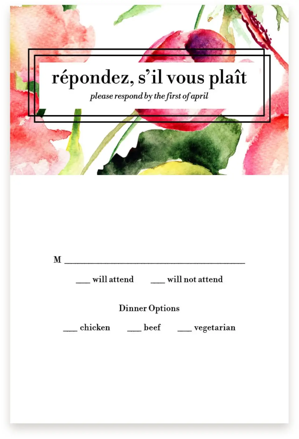 This is a  4" x 6" RSVP Postcards (Pocket Invitation) called Floral Watercolor printed in full color with Silver foil on Luxe Satin (coated) paper