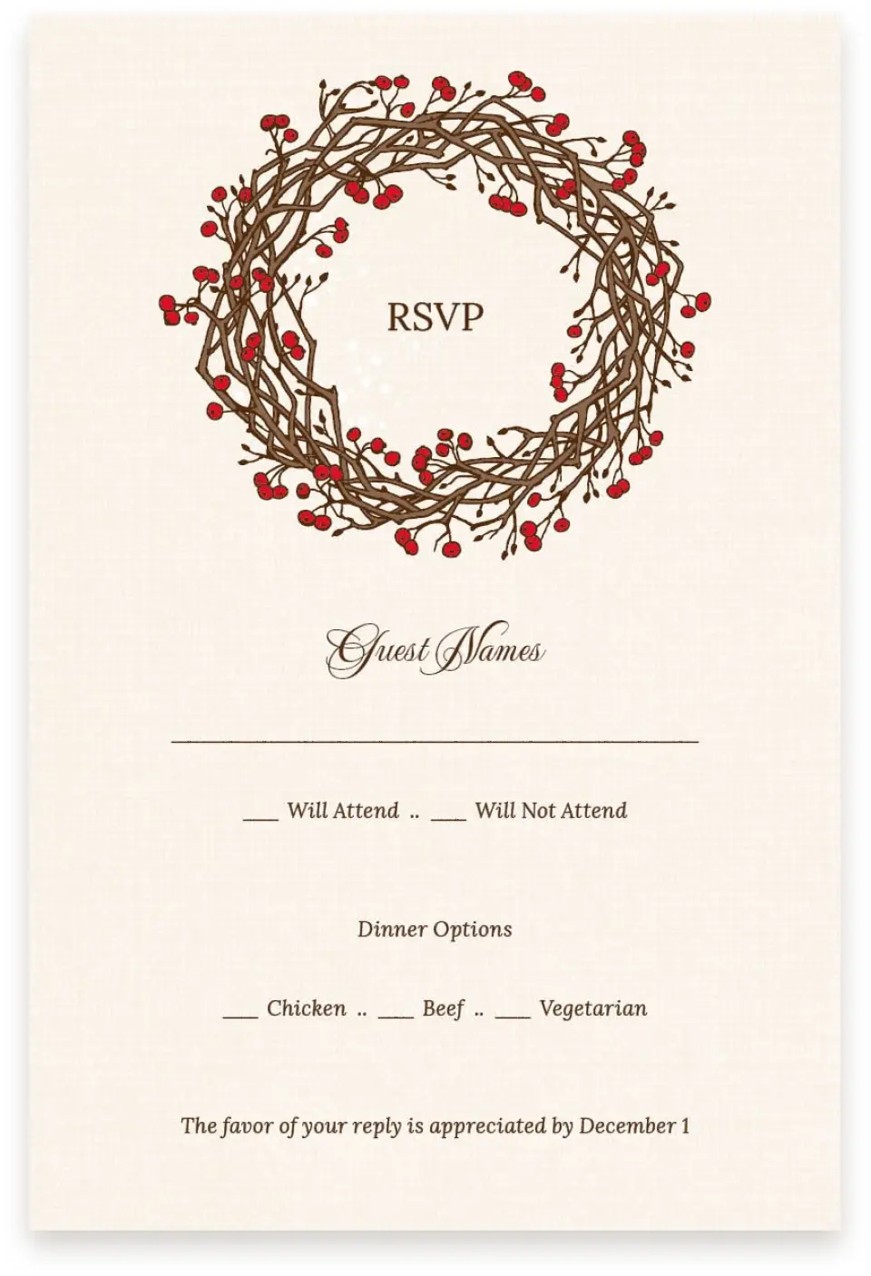 This is a  4" x 6" RSVP Postcards (Pocket Invitation) called Winter Berries printed in full color on Premium Smooth paper