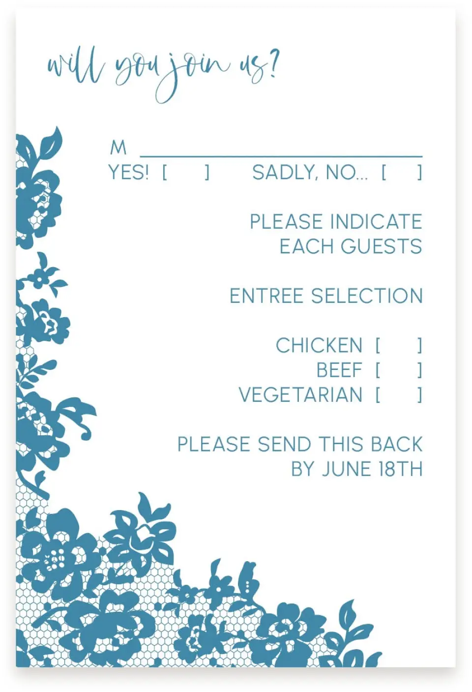 This is a  4" x 6" RSVP Postcards (Pocket Invitation) called Modern Lace printed in full color on Premium Smooth paper