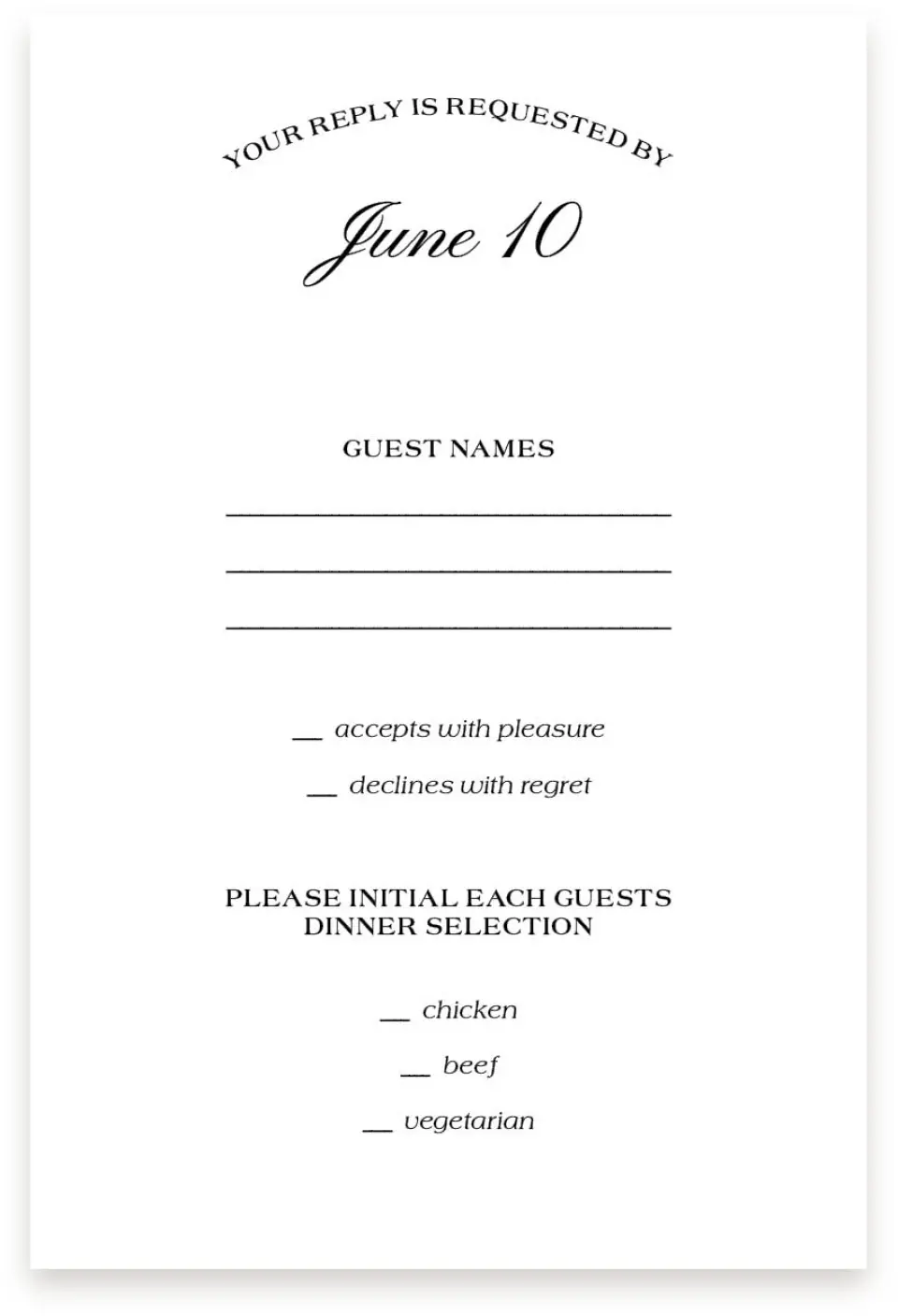 This is a  4" x 6" RSVP Postcards (Pocket Invitation) called Formal Statement printed in full color on Premium Smooth paper