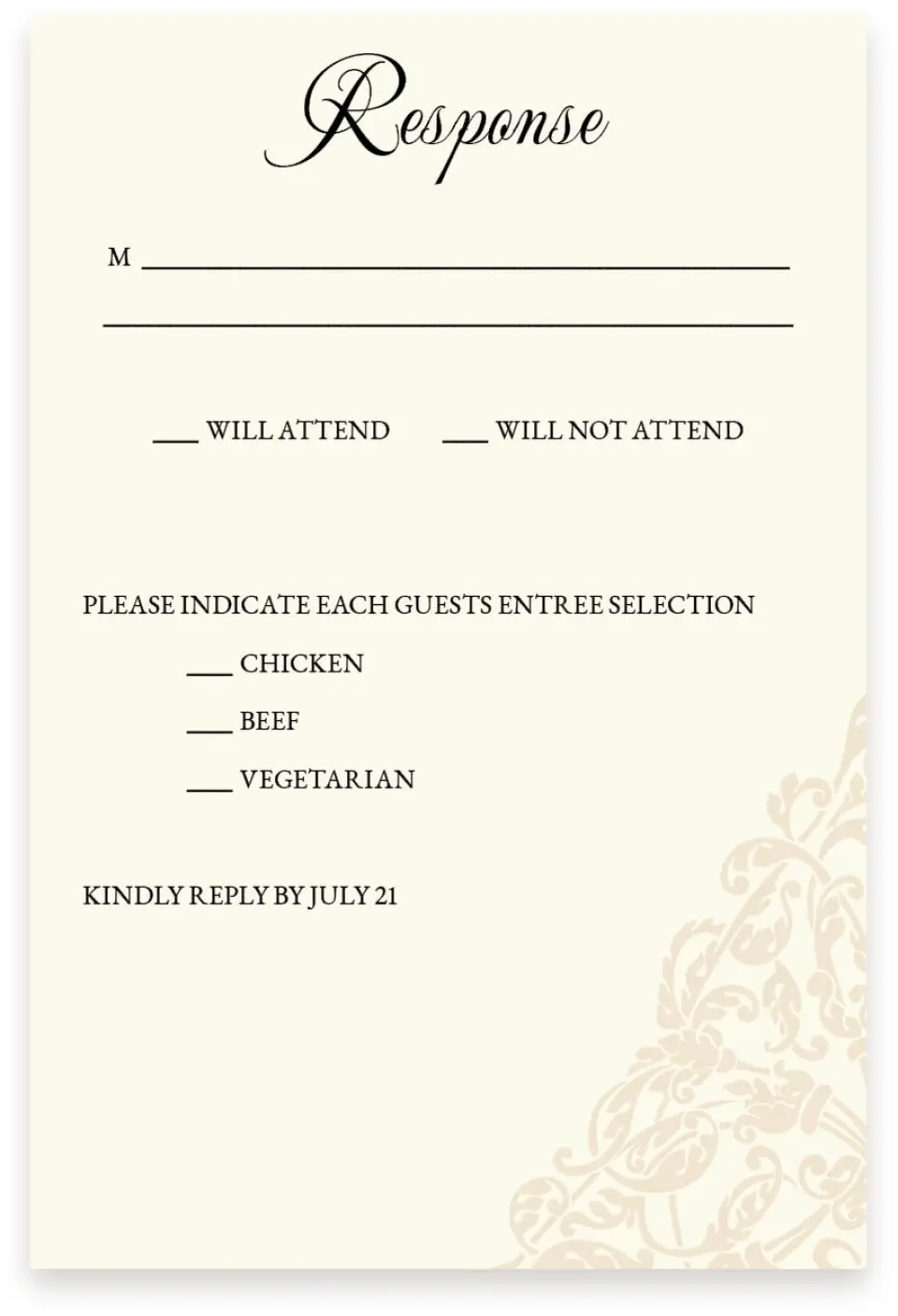 This is a 4" x 6" Wedding Invitation RSVP Postcard called Gilded Grace printed in full color on Premium Smooth paper