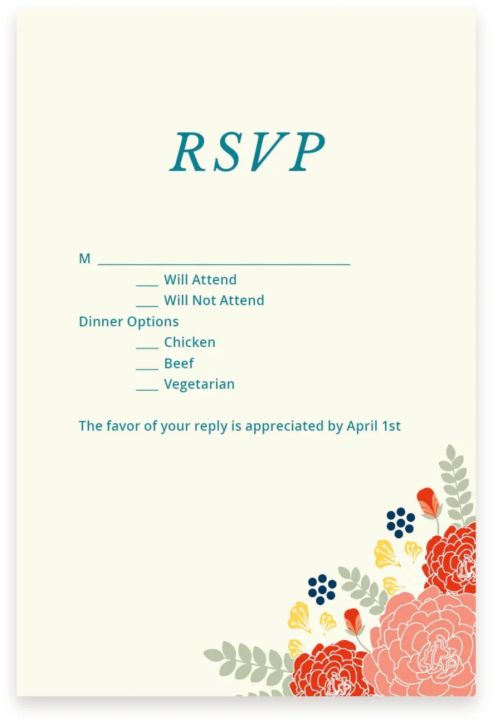 This is a  4" x 6" RSVP Postcards (Pocket Invitation) called Botanical Cheer printed in full color with Silver foil on Luxe Satin (coated) paper
