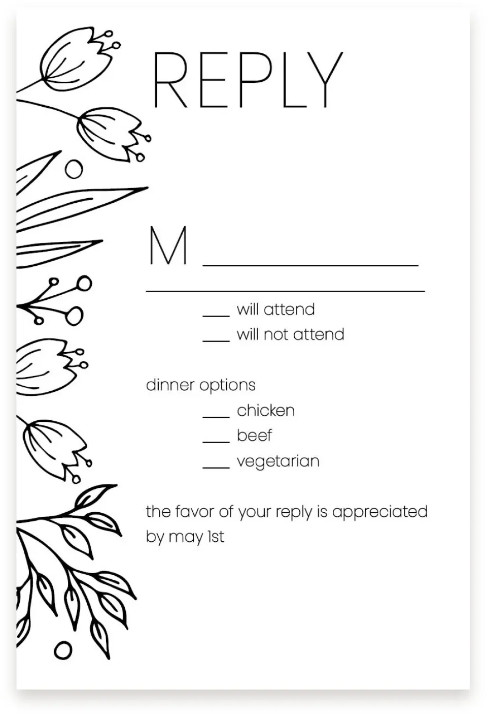 This is a  4" x 6" RSVP Postcards (Pocket Invitation) called Budding Bouquet printed in full color with Silver foil on Luxe Satin (coated) paper